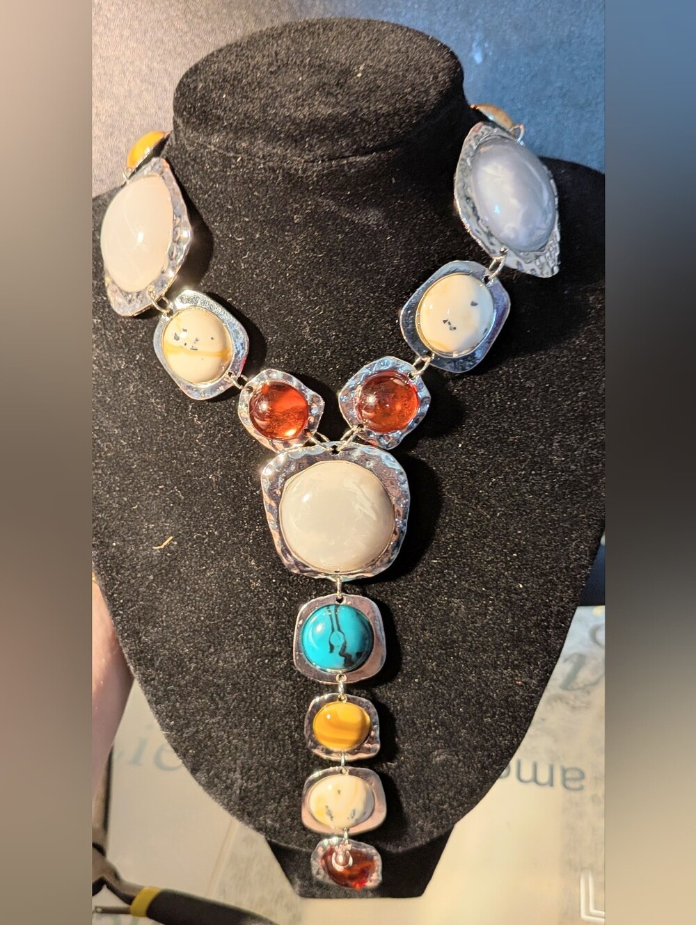 Statement Multi-Stone Pendant Necklace in Cream, Amber, Turquoise and Yellow